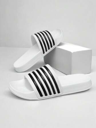 Teenager Black & White Striped Contrast Color Slip-On Slippers, Casual Beach/Outdoor, School Student Shower/Pool Slides, Sports Sandals, Thick Soft Comfortable
