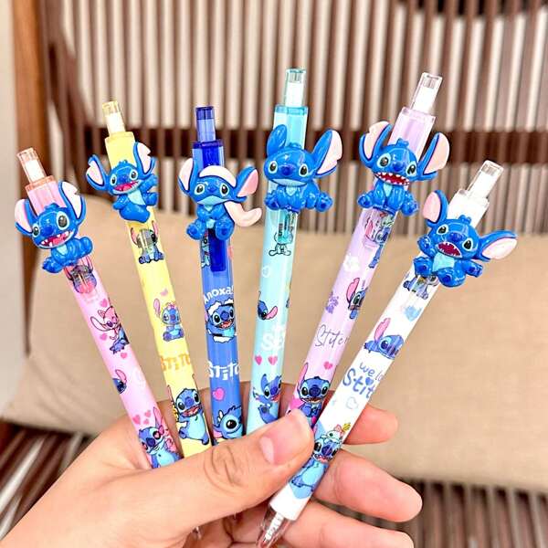 8pcs Stitch Design Erasable Pens, Clip-On Pens, Black Dot Matrix Refillable Ballpoint Pens With Elements, Suitable For School & Daily Use, Student Stationery, Back To School Supplies