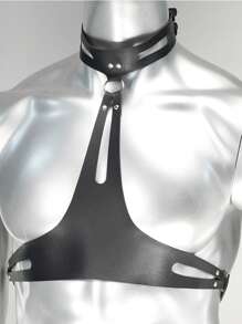 1pc Men Sexy Strap Decor Bra (Cupless) With PU Leather Rivets Embellishment