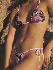 Women's 2-Piece Pink Bikini Set - Sexy Floral Leopard Print Triangle Top, Adjustable Side Ties, Spaghetti Strap, Suitable For Summer Beach Vacation - Multicolor - View 3