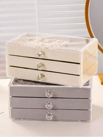 3-Drawer 45-Slot Jewelry Storage Organizer Box For Necklaces, Earrings, Rings & Watches, Velvet Display Tray