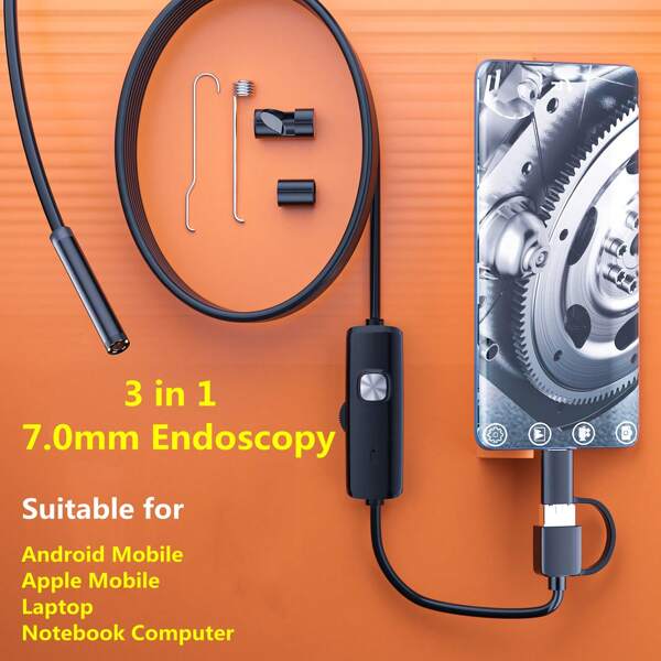 Câmera endoscópica 2m 3 em 1 7,0 mm para fotos e vídeos, adequada para sistemas iOS e Android, laptops e notebooks, Android e Apple Mobile, endoscopia de alta definição IP67 à prova d'água, 6 LEDs ajustáveis, Mocro USB, câmeras boroscópio de inspeção flexíveis para Android, para celular e PC, fio flexível, 1 peça