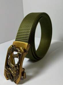 1pc New Men's Vintage Dragon Head Carved Automatic Buckle Leather Belt, Sliding Convenient Adjustment, Slim Fit, Black