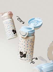 1 pieza Botella de agua para estudiantes, vaso aislado con doble pajita para niños, diseño lindo de estrella, planeta y gato negro, termo portátil de alta calidad