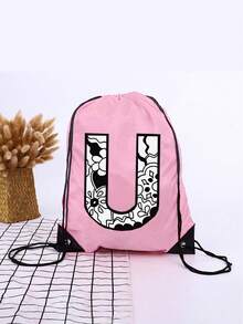 1pc A-Z Graffiti English Letter Outdoor Backpack, Kids Drawstring Closure Bag, Large Capacity Sports Bag, Cute Cartoon Letter Print Sports Backpack For Boys And Girls - Pink - View 31