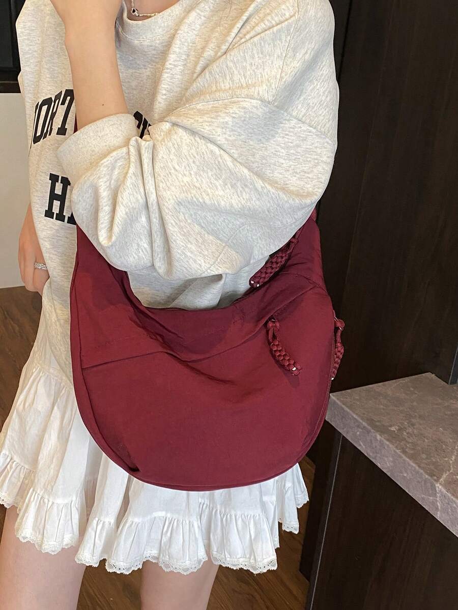 This Fashionable Yellow Nylon Waterproof Shoulder Bag Features A Minimalist And Casual Collegiate Design, With A Wide Strap, Multiple Zipper Openings, Suitable For Students, Shopping, Daily Use, And Also Makes A Great Student Shoulder Bag. - Burgundy - View 1