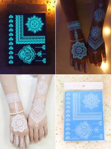 6 Sheets Blue Luminous Tattoo Stickers For Girls, White Lace Lotus Tattoos Mandala Flower Fake Jewelry Pendant Pattern, Glow In The Dark Waterproof Fake Tattoos For Arm Neck Hand Back Finger, Wedding Music Festival Party Supplies