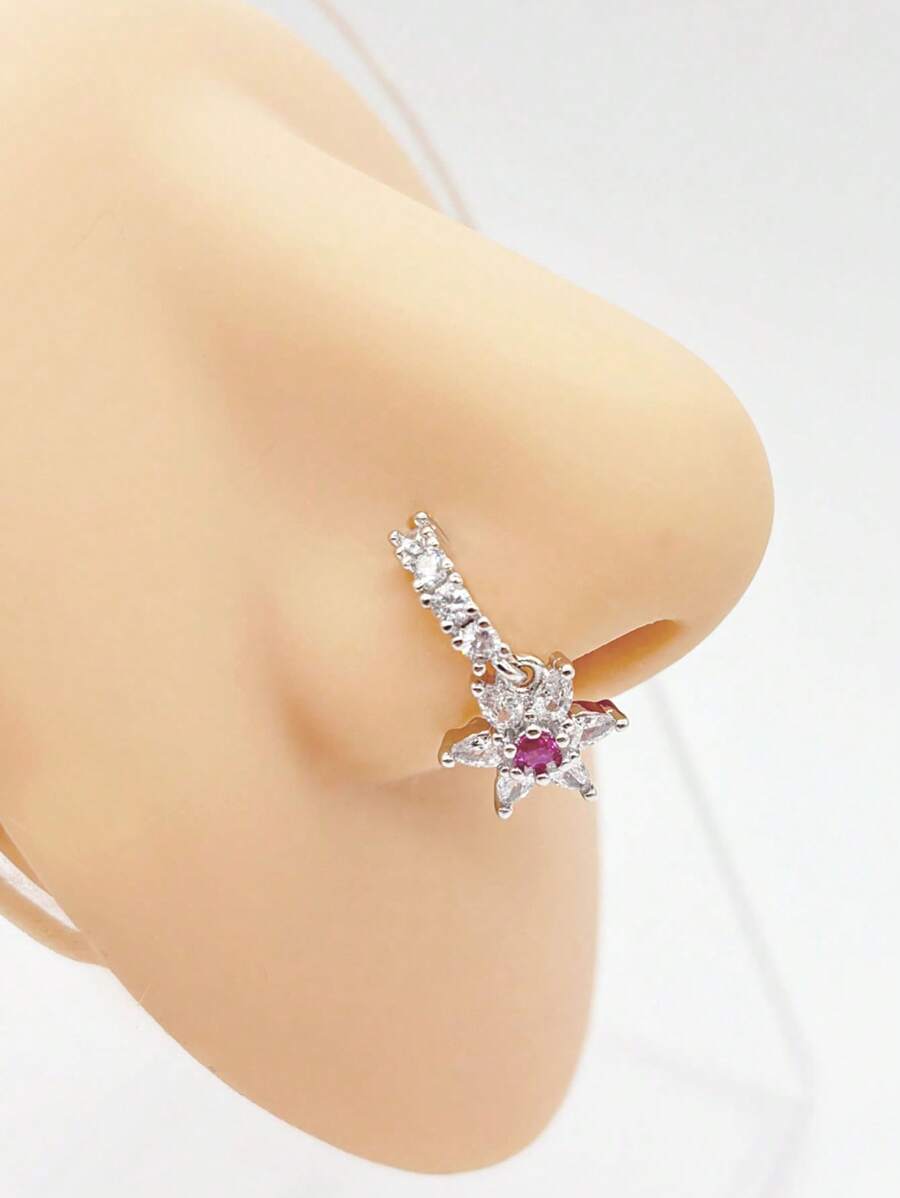 1 Pc Exquisite And Copper Alloy Hexagonal Flower Pendant With Maroon Pink Zirconium Pistil White Zirconia Flowers Silver Nose Ring Is Suitable For Women Daily Wear.