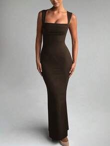 Sommer Damen ärmeloses Bodycon elegantes langes Kleid mit quadratischem Kragen, sexy Party Abendkleid - Braun - Übersicht 1