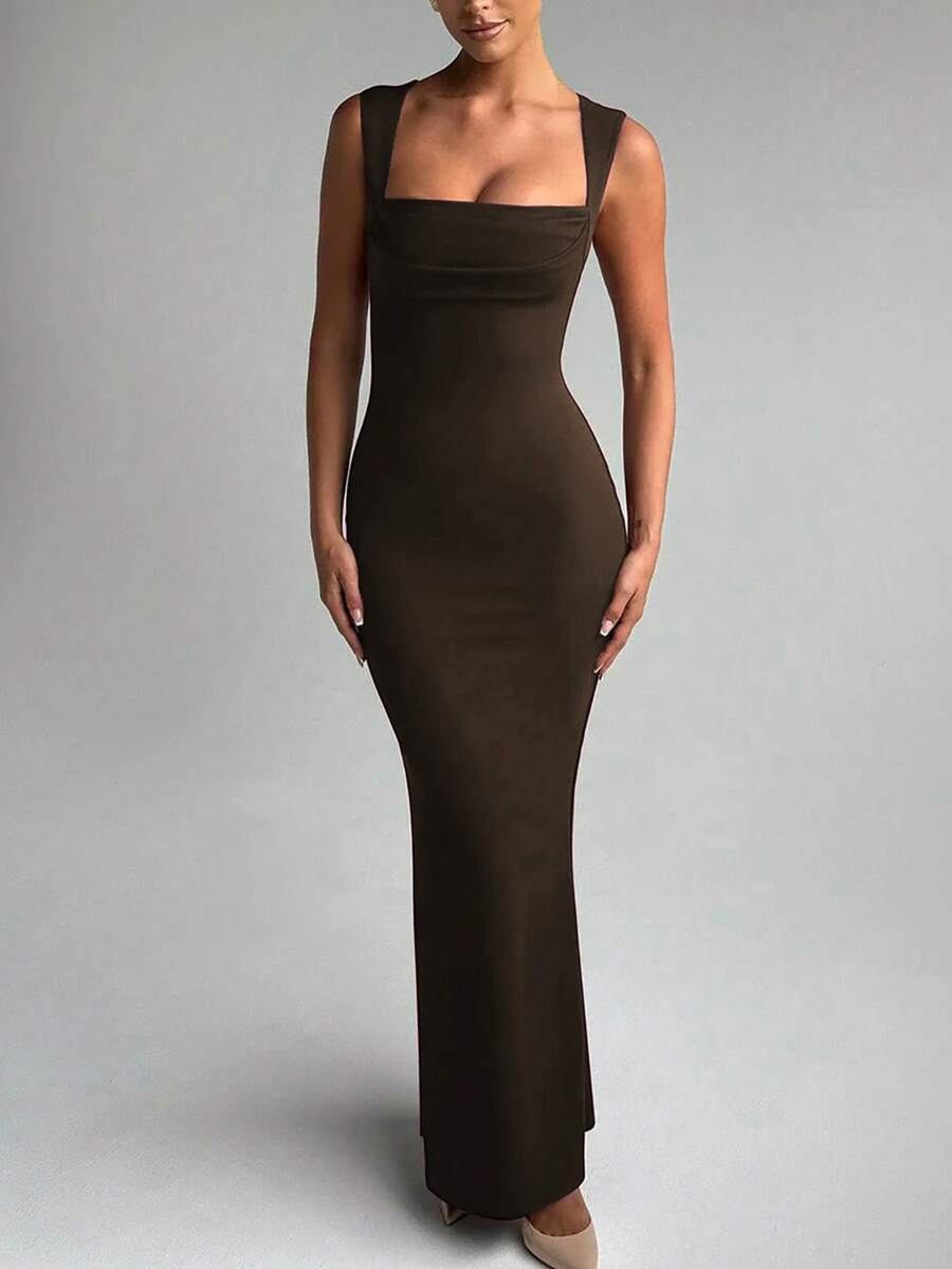 Sommer Damen ärmeloses Bodycon elegantes langes Kleid mit quadratischem Kragen, sexy Party Abendkleid - Braun - Übersicht 1