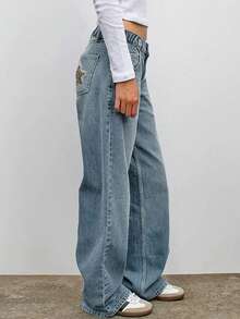 Y2K风格女士休闲直筒牛仔裤，后袋饰有做旧猫须图案，豹纹和星星拼接设计 - 淺藍色 - 查看 4