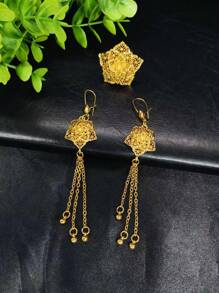 Set de 4 piezas de joyería de lujo con flecos florales chapados en oro para mujeres, incluye collar, aretes, brazalete, anillo, accesorios para bodas y fiestas, regalo para fiestas