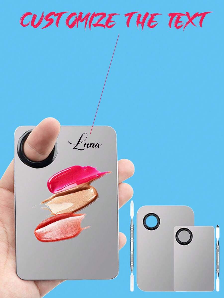 1pc Customized Stainless Steel Makeup Palette With Mixing Spatulas, Square Palette With Holes, Makeup Tools - Silver - View 1