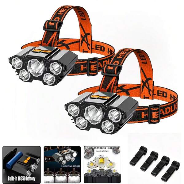 Buy One Get One Free, Total Of 2pcs Multi-Purpose 5LED Headlight Headlight Flashlight Outdoor Usb Charging Fishing Headlight Strong Light Four Mode Headlight Flashlight For Camping, Work, Maintenance, Car Maintenance, Decoration