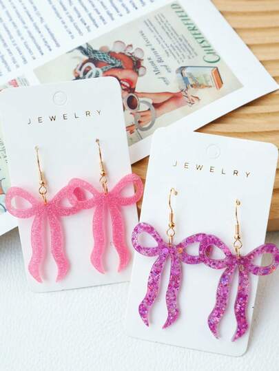 1 Pair Cute Bling Bow Acrylic Earrings With Sequins Ribbon Tails, Butterfly Design, Fashionable Girls Gift Earrings
