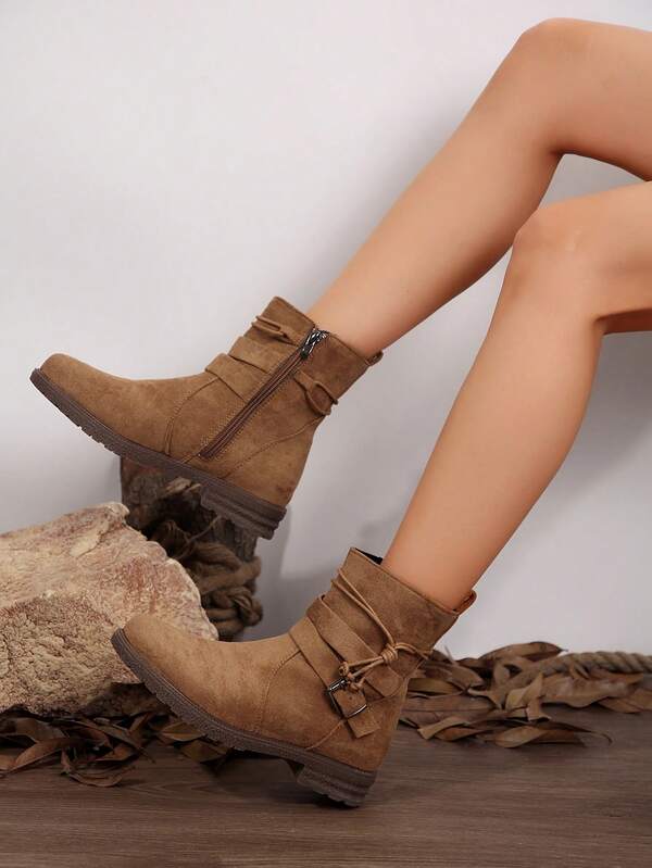 1 Pair Women's Short Boots, Women's Fashion Casual Outdoor Flat Retro Round Toe Suede Boots, Women's Western Style Side Zipper Travel Vacation Walking Boots