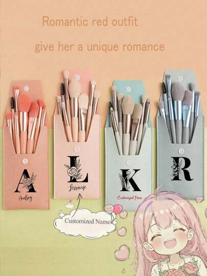 8pcs Personalized Name First Letter Plus Name Customization, Cheap Portable Soft Hair Skin-Friendly Beauty Set Valentine's Day Gift, Surprise For Girlfriend/Wife Is Perfect For Birthday Anniversary First-Time Makeup First Tool Set