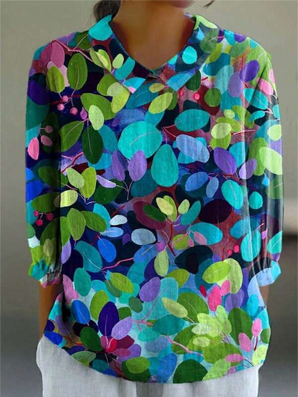 Women's Floral Print Airy Linen Shirt Collar Blouse, Casual Everyday Travel Wear Suitable For Spring, Summer, Autumn