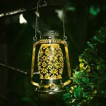 1pc Solar Powered Outdoor Lantern, Solar Hanging Light, Silver Iron Hollow Flower Pattern Decorative Lamp, Waterproof Outdoor Lamp For Table, Patio, Yard, Party Decor