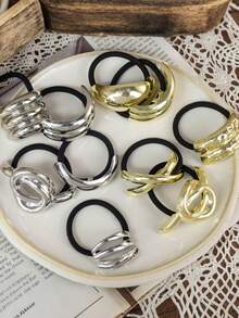 1/3/4/6pcs Set Solid Color Gold Metal Flower, Heart, Geometric Shape Hair Scrunchies, Elegant Vintage Glitter Elastic Hair Accessories For Party, Festival, Daily Outfit, Oval Design Suitable For Women (Small Scratches On Accessories Are Normal), Ponytail Holders, Hair Elastics, Hair Rubber Bands - Gold 6-piece Set - View 1