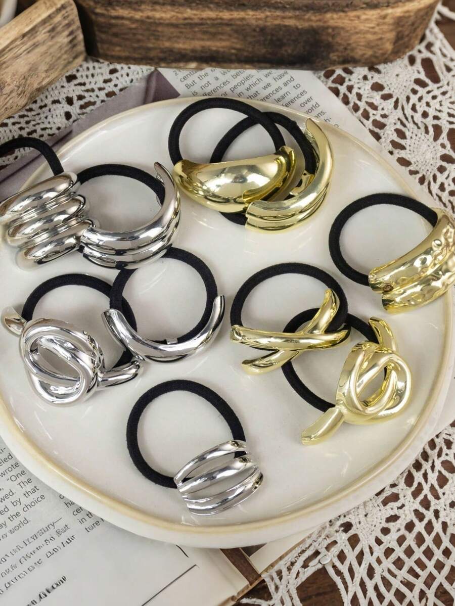 1/3/4/6pcs Set Solid Color Gold Metal Flower, Heart, Geometric Shape Hair Scrunchies, Elegant Vintage Glitter Elastic Hair Accessories For Party, Festival, Daily Outfit, Oval Design Suitable For Women (Small Scratches On Accessories Are Normal), Ponytail Holders, Hair Elastics, Hair Rubber Bands - Gold 6-piece Set - View 1