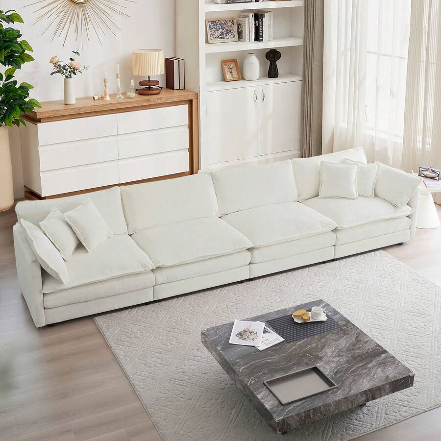 Luxury Modular Sectional Sofa, 146.5" Modern Chenille Comfy Cloud Couches For Living Room Office, 4 Seater Deep Sofa With 2 Armrest Pillows And 4 Toss Pillows,Beige - 米色4座 - 查看 1