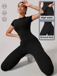 女士柔软吸湿排汗圆领短袖上衣和弹力瑜伽裤套装 - 黑色 - 查看 1