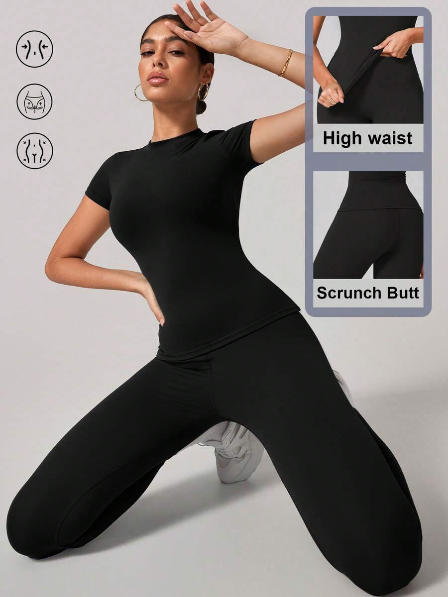 女士柔软吸湿排汗圆领短袖上衣和弹力瑜伽裤套装 - 黑色 - 查看 1