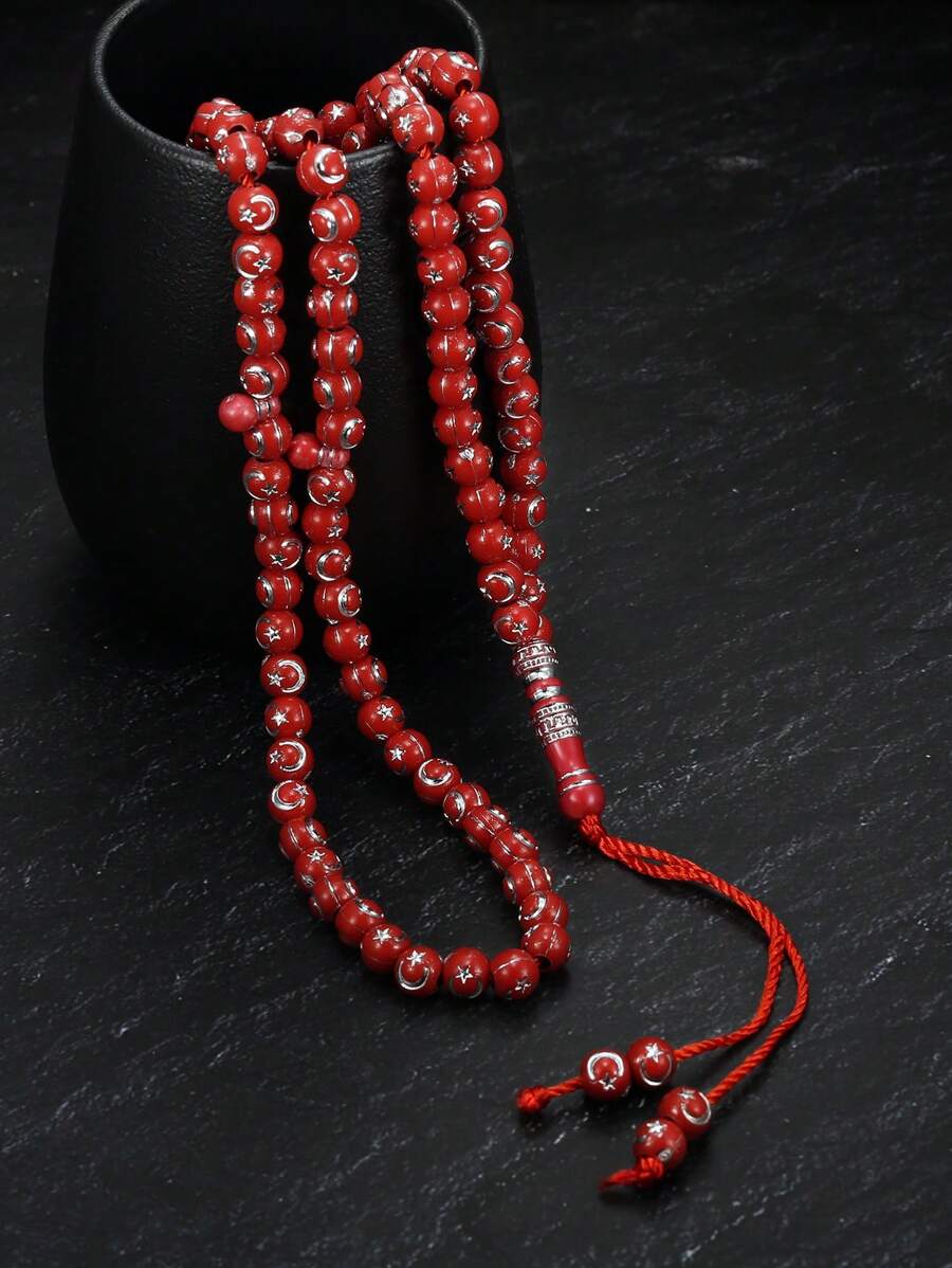 قطعة واحدة قلادة خرز وردية القديمة للعبادة، مصنوعة يدويا من الحبال بنمط النجوم والقمر، للصلاة والتنجيم والمجوهرات