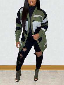 Women's Camo Print Cardigan Sweater Long Sleeve Color Block Loose Fit Autumn/Winter Lightweight Flowy Knitted Cardigan, Women Fall Outfit