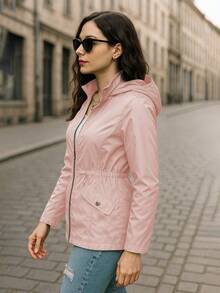 Chaqueta Rompevientos para Mujer con capucha desmontable, Ajuste Favorecedor, Estilo Casual y Urbano, Correas de Ajuste - Rosa coral - Ver 2