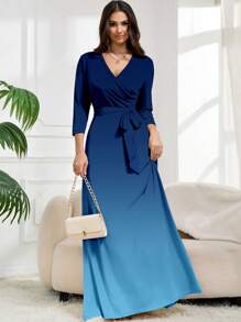 Vestido largo para mujer de talla grande, con escote profundo en V, elegante vestido de manga corta, de tela de punto, con estampado colocado, conjunto de vestir de verano para mujer