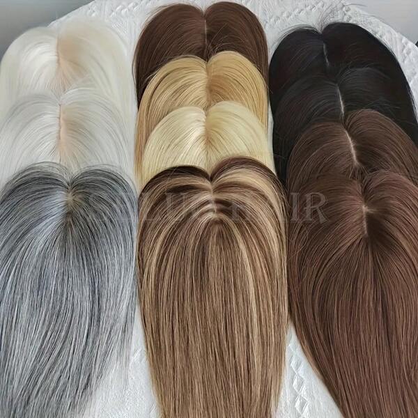 Extensions de coiffure pour femmes de 20 à 36 cm - postiche de cheveux raides naturels bruns avec base en filet de 7x11 cm et calotte en maille respirante, fusion sans couture pour cacher les zones chauves ou les cheveux blancs, solution de haute qualité contre la perte de cheveux, extensions capillaires