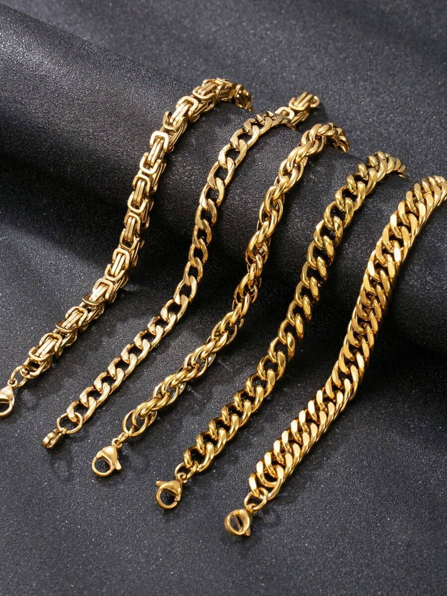 5件男士黄金手链套装不锈钢18k镀金粗链时尚男士珠宝链日常风格节日礼物 - 5條手鍊 - 查看 1