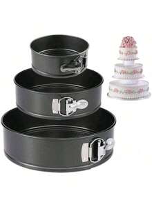 1/3pcs Carbon Steel Thickened Round Removable Bottom Birthday Cake Pan, Non-Stick Baking Tray With Clips, Multipurpose Baking Pan - Black - View 1