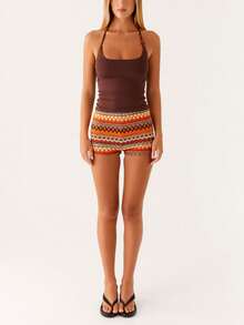 Women Beaded Halter Tops Y2K Tie Up Backless Shirts Summer Open Back Camisole Fashion Crop Tank Tops For Streetwear Aesthetic Grunge Clothes - 咖啡棕 - 查看 6