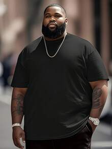 Plus Size Men's Casual Basic Solid Color Elastic Lightweight Breathable Crew Neck Short Sleeve T-Shirt - Black - View 1