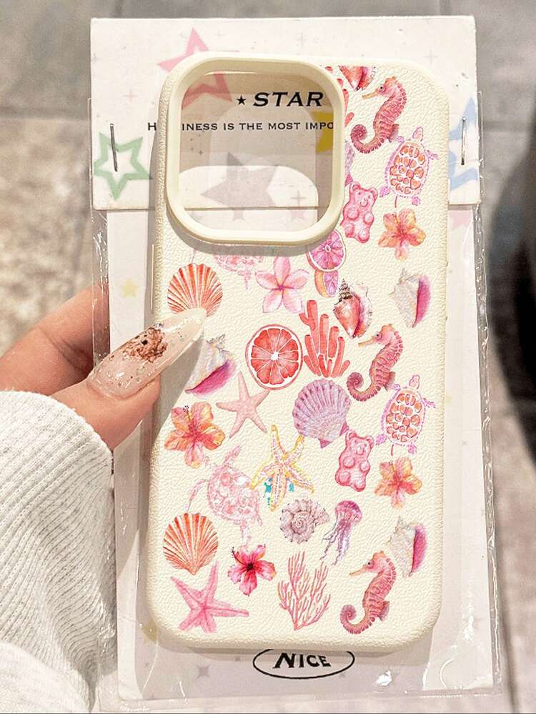 1pc Pink Watercolor Starfish & Shell Pattern Waterproof Anti-Fall Anti-Slip Soft Protective Phone Case Compatible With Apple Phones,International Version, Not The Domestic Version - Multicolor - View 1