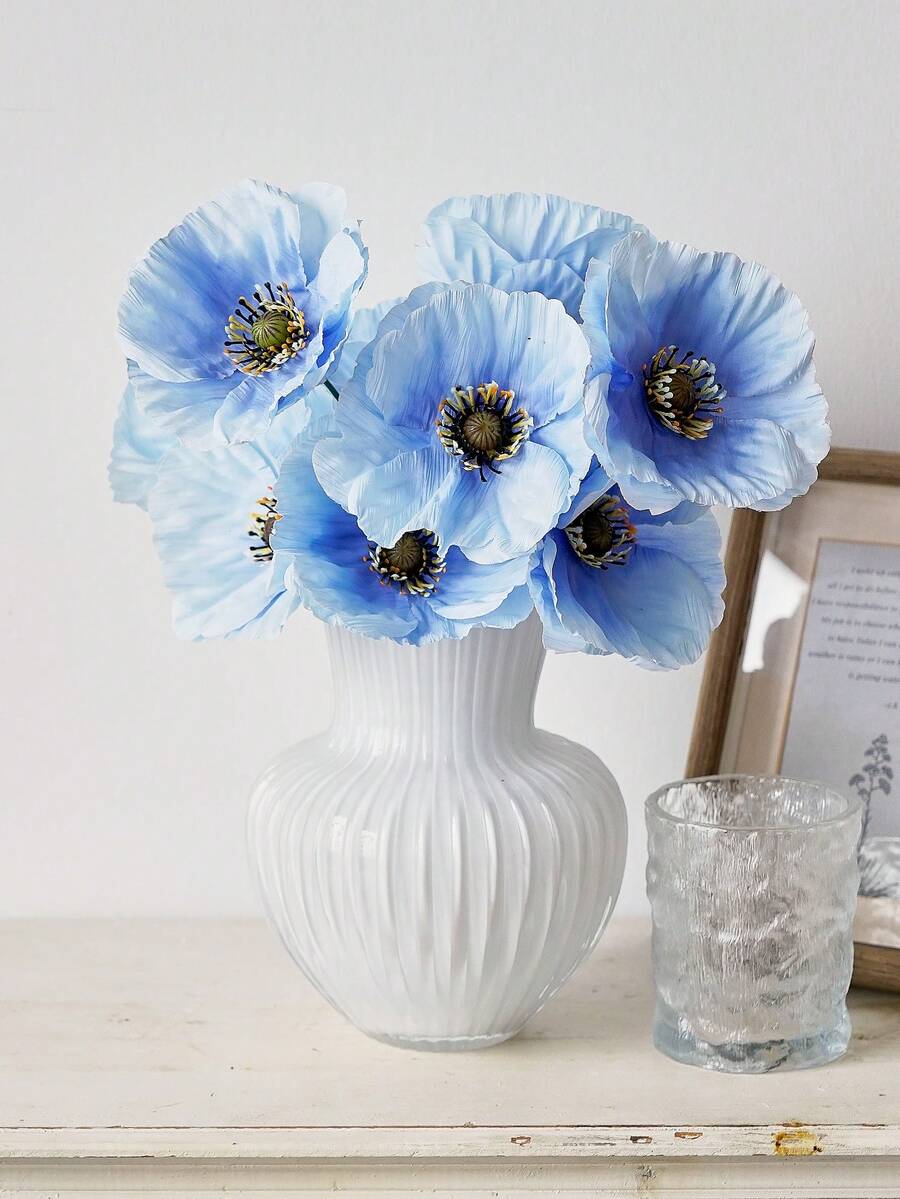 Set de 6/12 piezas de flores artificiales con tallos incluidos, flores falsas DIY para decoración del hogar, bodas, fiestas, centros de mesa, flores de seda para tocados y pantuflas - Azul menta - Ver 1