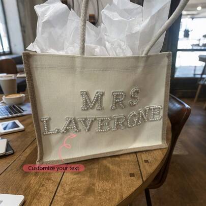 Personalized Name Faux Pearl Linen Tote Bag, Perfect For Summer Beach And Pool Parties, Country Weddings, Engagements, Bachelor/Bachelor Parties, Bridal Showers, Weekend Honeymoons, And Bridesmaid Gifts.