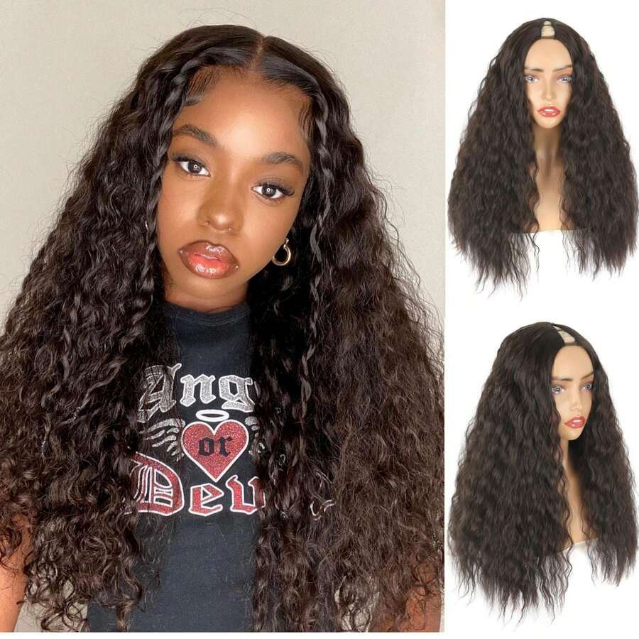 Loose Curly V Part Wig Long Synthetic Kinky Curly Wigs For Women 24inch Upgrade U Part Wig No Sew-In Glueless V Part Half Wigs Clip In Hair Extensions Black Hair Replacement Wigs For Women - 4# - 查看 1