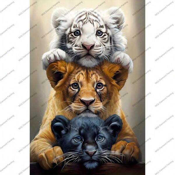 Kit de pintura de diamante 5D para adultos - Adorable cachorro de tigre blanco y león de ojos azules - Lienzo de poliéster redondo, decoración del hogar para el dormitorio, la sala de estar, el pasillo o el baño, arte de la sala de estar | Decoración con temática animal | Representación detallada de la vida silvestre, accesorios de pintura de diamantes