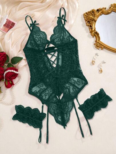 Verleidelijke Sleeveless Kanten Lingerie Set Includes Waist Tie, Bow Accent, Garter Belt s, Doorschijnende Material, Home Private Parties, Eye Catching Outfit Green) view 7