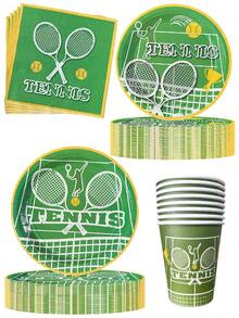 16 件网球运动主题生日派对用品盘子杯子纸巾网球派对、节日庆祝、生日派对、茶会、家庭办公室派对野餐、露营网球比赛用品、网球联谊会议休闲晚餐盘子套装