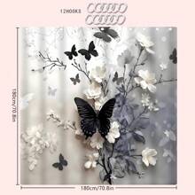 1/4 Stücke Schwarz-Weiß Schmetterling & Blumen Badezimmer Set, beinhaltet Duschvorhang, Badematte, U-förmiger Toilettendeckel, wasserdicht, moderner Stil, maschinenwaschbar, ohne Bohren erforderlich Badezimmer Dekoration, Herbstdekoration, Badezimmer Accessoires, Rückkehr zur Schule