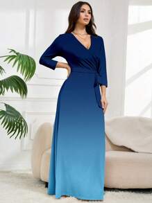 Vestido largo para mujer de talla grande, con escote profundo en V, elegante vestido de manga corta, de tela de punto, con estampado colocado, conjunto de vestir de verano para mujer