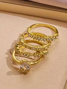 4pcs Minimalist Layered Ring Set - Shiny Cubic Zirconia, For Daily Wear And Parties, Girl - Gold - View 3