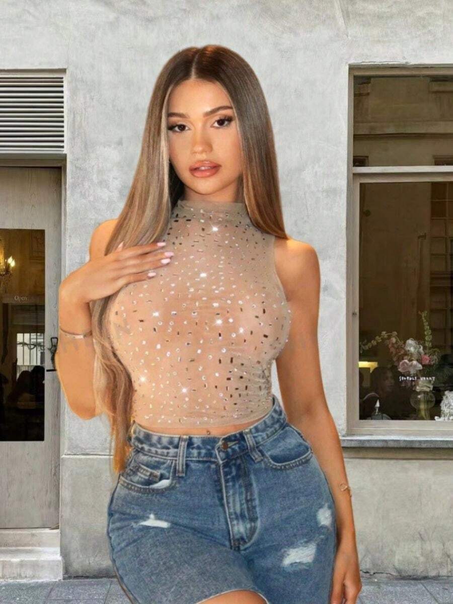 Chaleco de verano sexy slim fit diamante decal de mujer,Top desnudo de malla transparente,Adecuado para el día a día, fiestas callejeras, actuaciones - Caqui - Ver 1