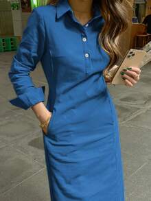Gaun Gaya Arab Lengan Panjang Berkerah Kancing Depan Elegan Modis untuk Wanita, Koleksi Musim Semi/Gugur Terbaru - Royal Blue - View 6