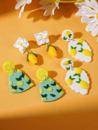 Handmade Cute Lemon 3D Pendant Earrings For Women, Summer Beach Holiday Party